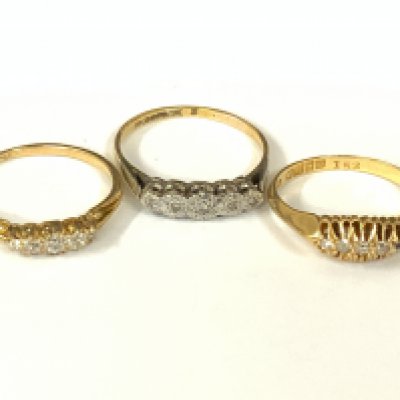 Three 18ct five stone diamond rings. Approx ring size O,P,Q. Approx 8.4g. Postage category A