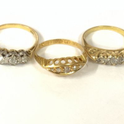 Three 18ct gold five stone diamond rings. Approx ring size K,L,M. Approx 8.2g. Postage category A