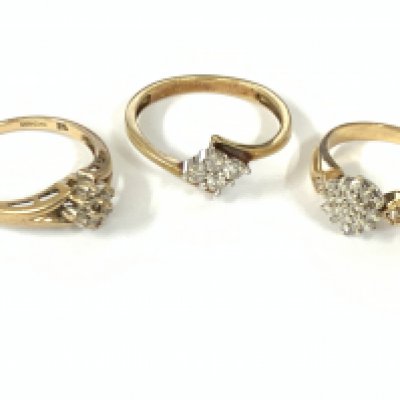 Three 9ct gold diamond cluster rings. Approx ring size J,M,O. Approx 6.2g. Postage category A