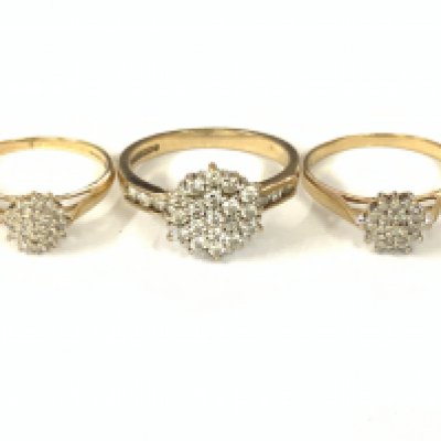 Three 9ct diamond cluster rings. Approx ring size L,O,R. Approx 6.8g. Postage category A
