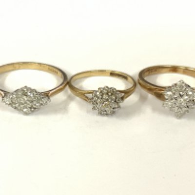 Three 9ct gold diamond cluster rings. Approx ring size L,O,R. Approx 6.6g. Postage category A