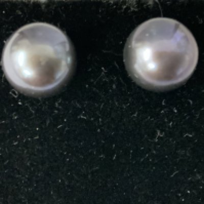 Pair of 9ct yellow gold studs set with oblate spheroid black cultured pearls, with purple, blue and green iridescence, boxed. Postage category A