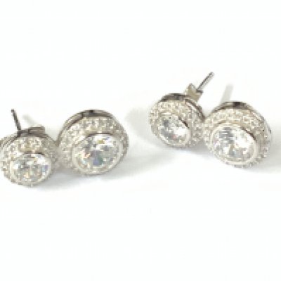 Pair of silver double drop white CZ halo earrings. Postage category A