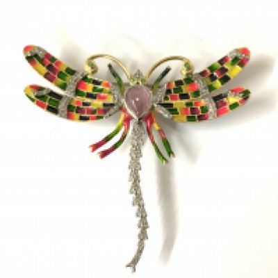 Silver dragonfly brooch and pendant (combined) set with a pear shaped tourmaline, tsavorite garnets and diamonds, with enamel inlays in colours of orange, green, purple and yellow. Diamonds 0.52ct. Tourmaline 1.16ct. Garnet 0.07ct. Postage category A