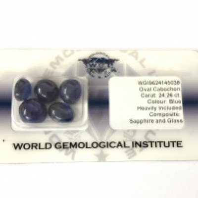 A certificated, security sealed parcel of 5 cabochon glass composite sapphires totalling 24.26ct, cert no WGI9624145038. Postage category A