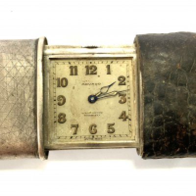 Movado Ermeto 0.935 Siver pocket /purse watch. (Not in working order, Crocodile skin partial cover, missing glass).