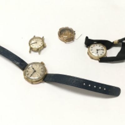 Three 9ct watch cases and one rotary cased movement.