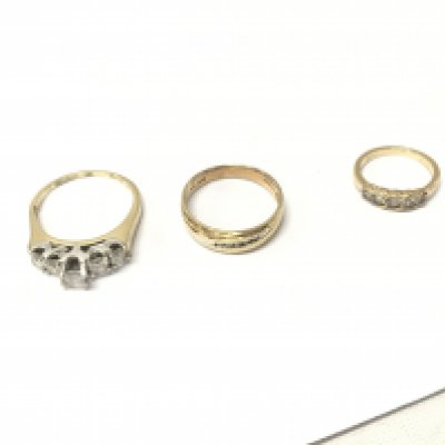 Three 14ct gold five stone diamond rings. Approx weight 8.1 grams, sizes E,O,R.