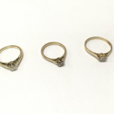Three 9ct gold diamond solitaire rings, size K,L,R. Approx weight 5.8 grams.