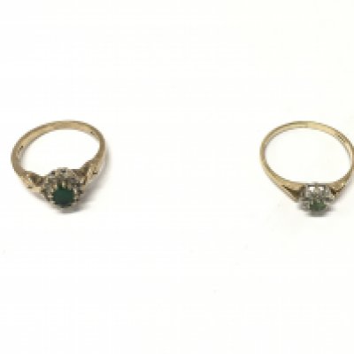 Two 9ct gold emerald and diamond cluster rings. Approx weight 3.5 grams, size L,O.