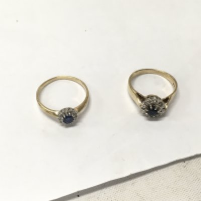 Two 9ct gold diamond and sapphire cluster rings. Size N,Q. Approx weight 4.2 grams.