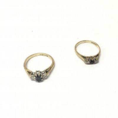 Two 9ct gold diamond and sapphire three stone rings, size K,N. Approx weight 3.8 grams.