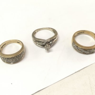 Three 9ct gold diamond cluster bands. Approx weight 12.6 grams, size K,M1/2,N.