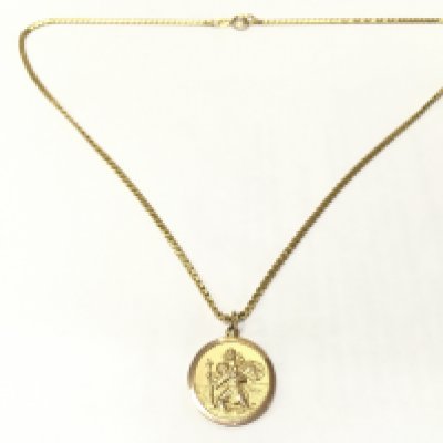 An 18ct gold closed link necklace with a 9ct gold St Christopher pendant, total weight 20.2g. postage category A