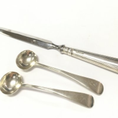 Silver letter opener , two spoons . Postage category A