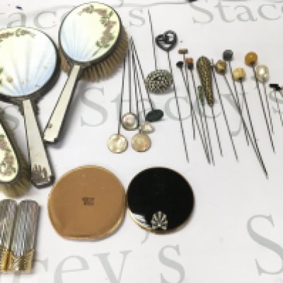 A dressing table set and several hat pins including a Charles Horner etc. Postage B