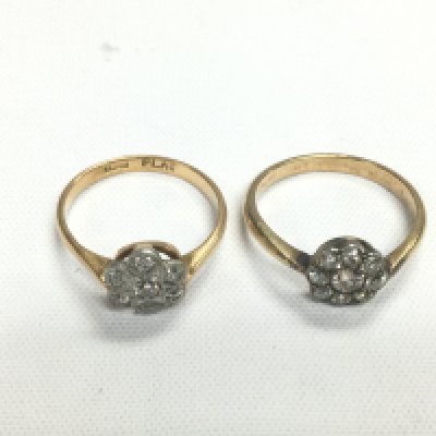 Two gold diamond cluster rings, one marked 18ct, the other marks are worn, approx total weight 5.8g. Shipping category A.