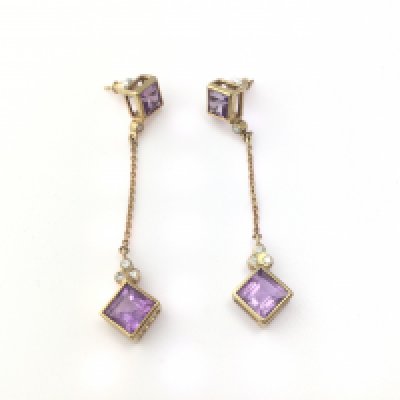 A pair of 9ct gold amethyst and diamond drop earrings.