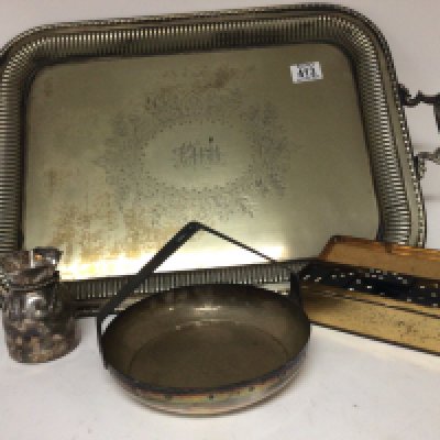 A Silver plated tea tray dominoes set and silver plated dish and vase (4)