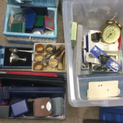 A box of costume jewellery, watches, coins etc. Shipping category D.