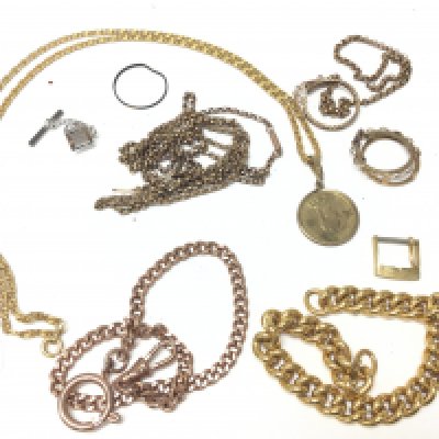 A collection of gold plated chains and gold mounts a silver cufflinks. postage category A