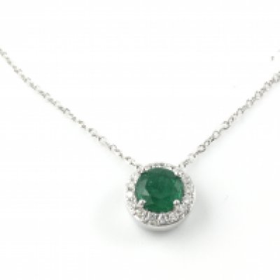An 18ct white gold round cut emerald and diamond cluster pendant on an 18ct white gold chain. Emerald 0.54 and diamonds 0.10ct. Postage B