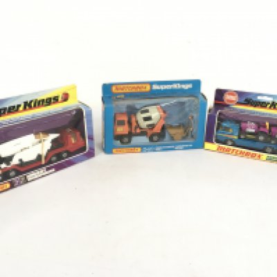 3 boxed Matchbox Superkings no. K13 aircraft transporter..K21 tractor transporter..K26 cement truck. No reserve
