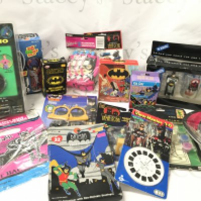 A Box Containing Various Batman Items including Toys. A Veiw-Master Reel and Other Oddments.