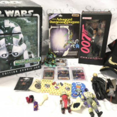 A Boxed Star Wars Clone Trooper Cookie Jar. Crash Bandicot Promo Caps. Graded Trading Cards. Pin Badges And Figures.