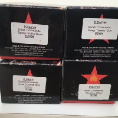 4x boxed King and Country Minature Military models from the D Day 1944 series. Featuring DD190 British Commando shooting officer..DD191 British Commando firing Tommy gun..DD192 British Commando Lance Corporal Bren Gunner..DD198 British Commando Taking out the Guard. No reserve