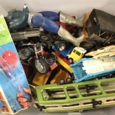 A Box Containing Playworn Diecast Etc. And A Boxed Chad Valley Melody Train. (2).