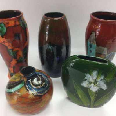 Five Anita Harris pottery vases including trial vase and limited edition examples, signed to base, tallest approx 18cm. Shipping category D.