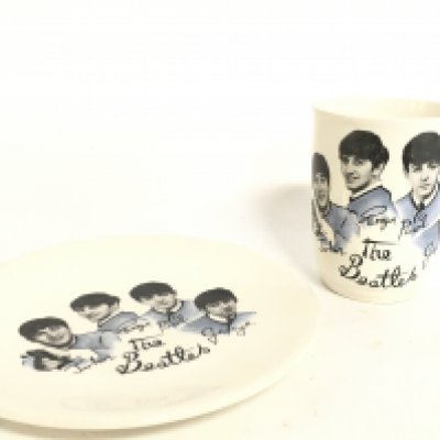 A 1960s Beatles plate and mug by Broadhurt Bros Burselm & Washington Pottery. This lot cannot be posted. NO RESERVE
