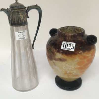 An Art Deco Design Art Glass Vase Hight 21cm and a silver plated a d glass claret Jug (2) NO RESERVE