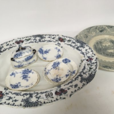 A Victorian ceramic Turkey plate a Wilton ware blue glazed bowl a part late Victorian ceramic dinner set and one other dish.