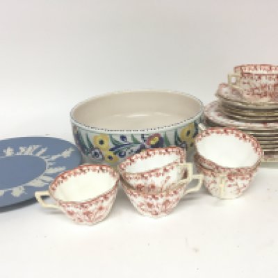 A Poole pottery bowl a Wedgwood Jasperware plate and a late Victorian tea set with a red floral pattern on a white ground.- NO RESERVE