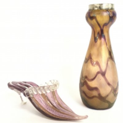 An Art Nouveau glass vase with a silver hallmarked rim and venetian glass slipper, no obvious damage or restoration. Cannot be posted.