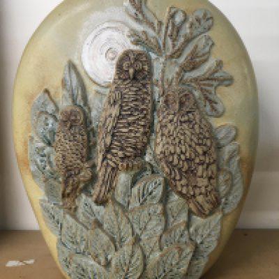 A Bernard Rooke vase decorated with three raised owls 36 cm , No damage or restoration. Postage Cat D .