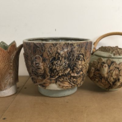 Three items of Bernard Rooke pottery comprising jardiniere; Vase, barrel and cover.