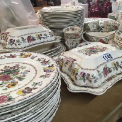 An Extensive Quality Masons ironstone china dinner tea and coffee set with decorative tureens twelve dinner and side plates soup bowls six place coffee set six place tea set and more no obvious damage.