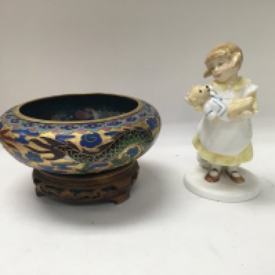 A cloisonn&eacute; bowl with stand and a royal Doulton figure.