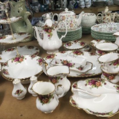 An Extensive Royal Albert Old English Country Rose dinner tea and coffee set with cake stand tea and coffee pot six place setting no obvious damage.