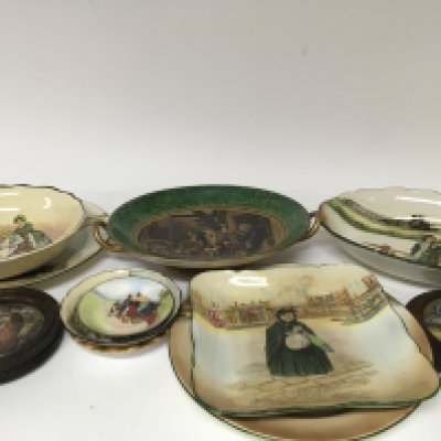 Two Victorian pot lids a conforming dish and a collection of Doulton series ware plates a d bowls. Victorian dish restored.