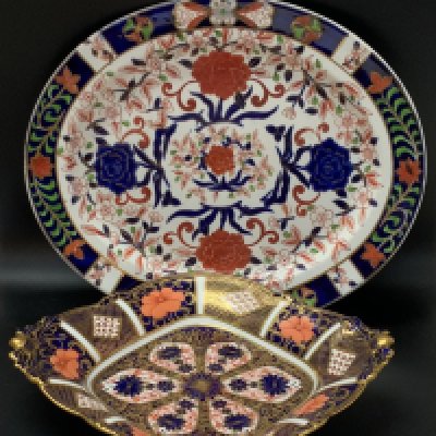An Early Crown Derby platter 29.5cm x 25cm together within a later Royal crown derby dish. (D)