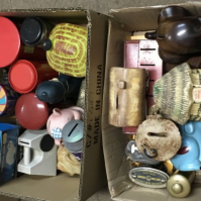 A collection of vintage porcelain and tin money boxes. Postage category C