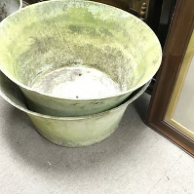 A florastone pair of large planters 60cm diameter and 30cm high. Long planter 124cm long. Postage D
