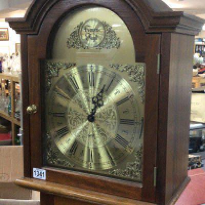 A Mahogany longcase clock with a brass dial and visible brass weights. NO RESERVE