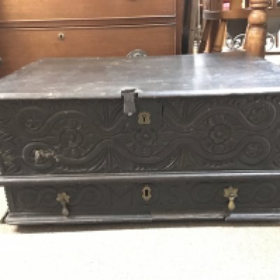 A 19th century design oak chest with carved design front and side panels. Dimensions 50x72x34cm. NO RESERVE