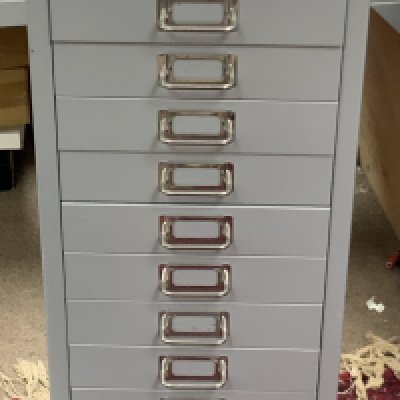 A Bisley 15 drawer metal file cabinet, 86cm x 28cm x 38cm