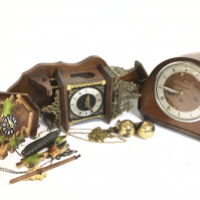 An Alexander Clark mantle clock and two wall clocks. This lot cannot be posted